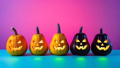 Carved colorful squashes displayed against a fluorescent neon background, enhancing the vibrant Halloween spirit.