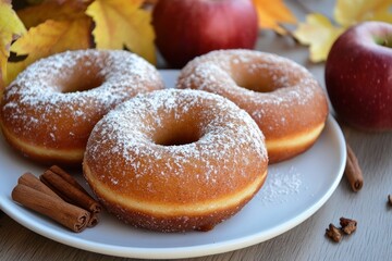 Three Glazed Donuts with Cinnamon Sticks and Apples in the Background