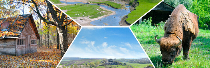 Traveling through the picturesque places of the north of Moldova. collage. Wide photo.