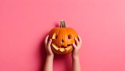 Child's hands holding a pumpkin in front of a torn pink wall, creating an autumn concept with ample copy space.