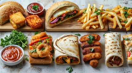 Menu of delicious fast foods collection, set. isolated on white background. shawarma wrap, wings, sandwich, chicken nuggets, cheese sticks, pizza slice, chicken burger, chicken strips, nachos, fries.