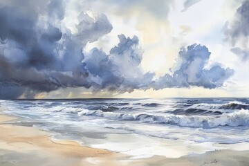 Obraz premium Watercolor Painting of a Stormy Seascape with Dark Clouds and Rolling Waves