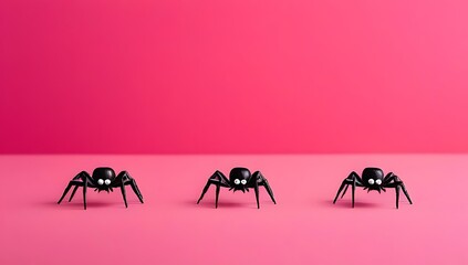A creative Halloween concept showcasing scary spiders posing for a picture against a pink background, featuring a minimalistic holiday composition