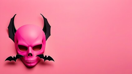 A creative flat lay featuring a pink skull mask, with black spiders and bats, arranged in a minimalistic style on a pink background, evoking a Halloween and Day of the Dead concept.