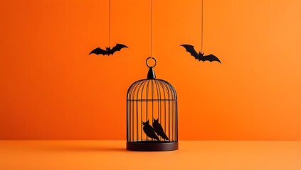 A creative minimalistic concept featuring a birdcage with bat silhouettes and witches against an orange background, evoking a Halloween scary theme with a modern aesthetic and ample copy space.