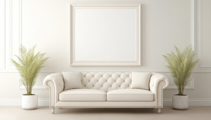 A white couch sits in front of a blank wall