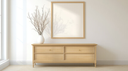 Fototapeta premium A wooden dresser with a white vase on top of it