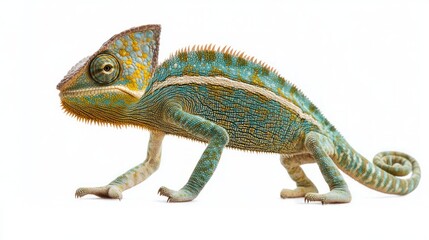 Portrait side view of a veiled chameleon, Chamaeleo calyptratus, isolated on white