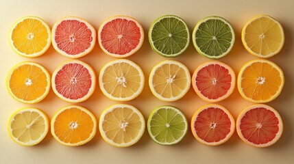 A vibrant display of sliced citrus fruits showcasing a variety of colors and textures, ideal for food-related themes and designs.