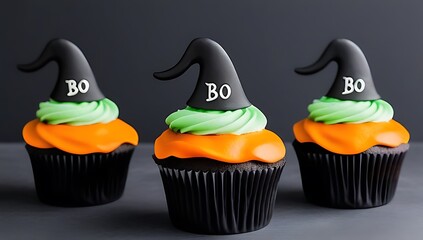 festive halloween cupcakes decorated colored decorations witch boo text hatchet
