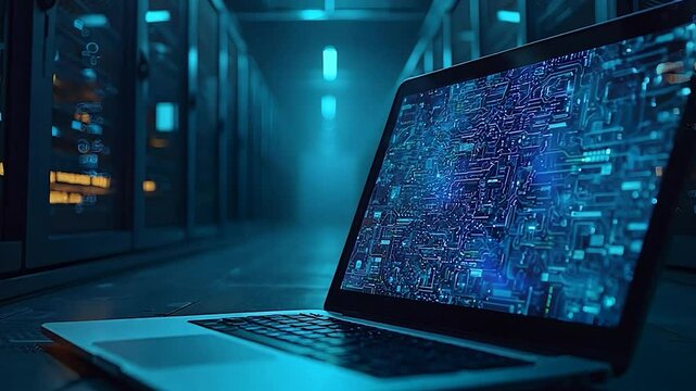 Laptop Displaying Circuit Board Design in a Server Room