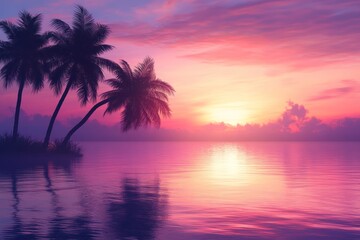 Obraz premium Palm Trees Silhouetted Against a Pink Sunset Over a Calm Ocean