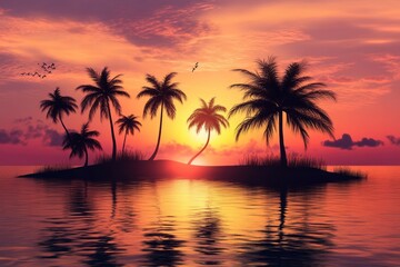 Tropical Island Sunset with Palm Trees and Birds in Flight