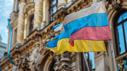 Naklejka premium National flag of Ukraine on the facade of building in Lviv, Ukraine