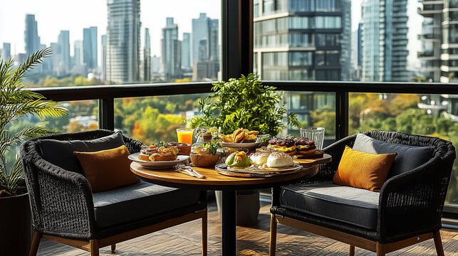 Elegant brunch setting on a balcony with a stunning city view, perfect for special occasions or upscale gatherings.