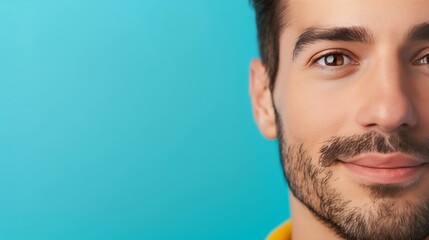 Fototapeta premium Close-up Portrait of a Smiling Man Against a Blue Background - Studio Photography