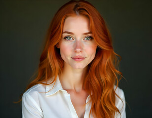 Fototapeta premium A young, fair-skinned woman with long, wavy red hair and green eyes wearing a white shirt, studio shot