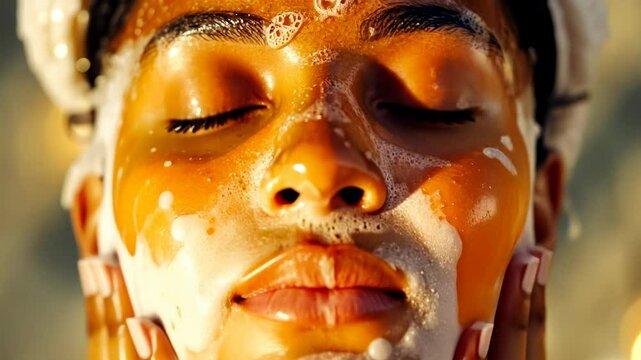 A young woman with closed eyes washes her face with soap. The foam covers her face, creating a soothing, refreshing scene. The lighting enhances a calm, cleansing atmosphere in the shot.