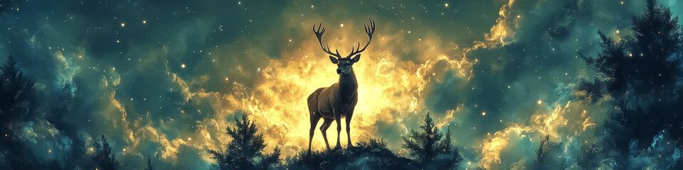 Majestic buck silhouette against a glowing night sky, perfect for winter holiday designs and nature-themed decorations. Design for Wall Art, Poster Print, Wallpaper & Background