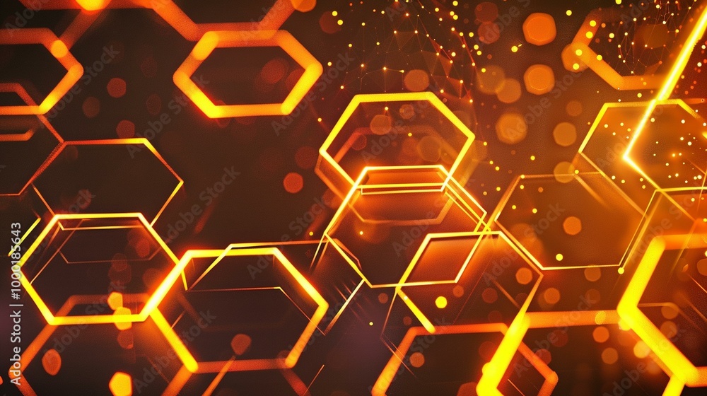 Poster orange hexagonal pattern with glowing edges and digital effects.