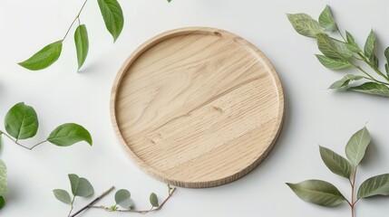 The image depicts a minimalist scene with a wooden round scene placed on a light surface.