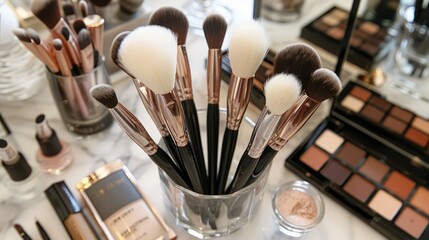 The image shows a collection of makeup brushes in a clear glass container, surrounded by various makeup products.
