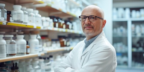 Confident senior pharmacist standing with arms crossed in a pharmacy surrounded by medicine bottles on shelves