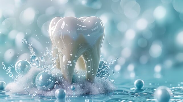 The image shows a stylized representation of a tooth on a light blue background. The tooth is depicted with a glossy, white finish, indicating cleanliness and health.
