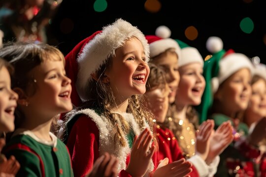 Smiling children dressed in festive holiday costumes perform a joyful Christmas song during a school event in December