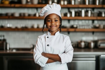 Adorable young aspiring chef standing proudly in a modern kitchen, wearing a chef's uniform with her arms crossed, exuding confidence and passion for the culinary arts