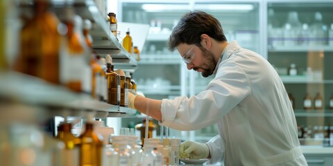 Pharmacist in safety glasses carefully examining medicine bottles on a shelf in a pharmacy laboratory