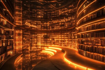 Illuminated Bookshelves in a Modern Library with a Curved Pathway