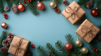 Christmas gift boxes and brown baubles with pine branches on a pastel blue background. Minimalist style Christmas flat lay composition