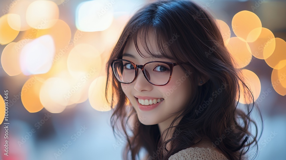 Wall mural Young woman with long brown hair smiling with glasses against a bokeh background.