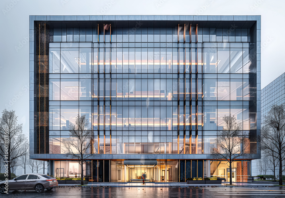 Poster large glass building with a car parked in front of it. the building has a modern design and he is a 