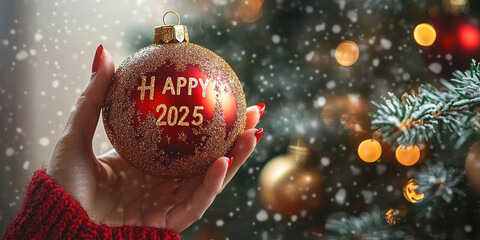 Woman wearing a cozy white sweater holding a red christmas bauble with the inscription 2025, symbolizing the upcoming new year celebrations and winter holidays