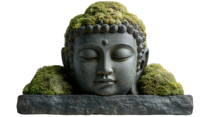 image of a Buddha head statue with moss covering parts of it, set against a PNG background