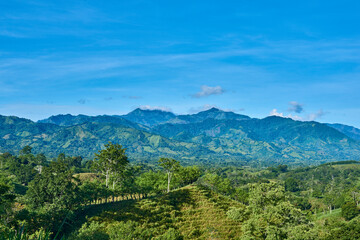 Naklejka premium green mountain range with blue sky and clouds