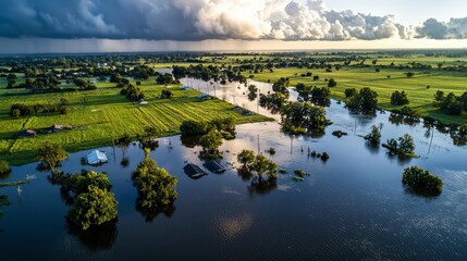 A rural area flooded after heavy rain, where fields are submerged, and only the tops of trees and roofs are visible above the water
