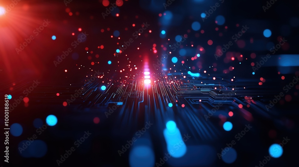 Poster abstract digital light effects with colorful particles in a dark background.