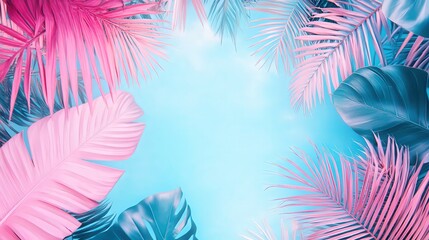 Pink and Teal Tropical Paradise: A vibrant, sun-kissed composition of pink and teal tropical leaves creates a lush, exotic frame, perfect for summer designs and travel promotions.