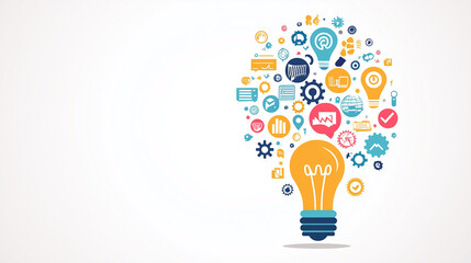 Lightbulb made of interconnected gears and icons representing business and creativity, complex ideas, mechanical creativity in business, flat design