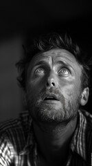 Black and white portrait of a man in his thirties looking up with a shocked and surprised expression. Good looking man with a beard and a dramatic expression. Wallpaper background.