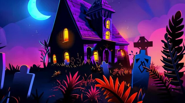 Spooky night scene with haunted house and glowing gravestones under crescent moon
