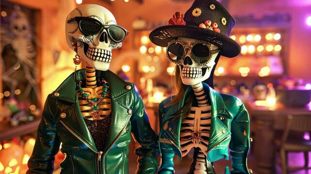 Stylish skeletons in festive attire with sunglasses and hats celebrating dia de los muertos