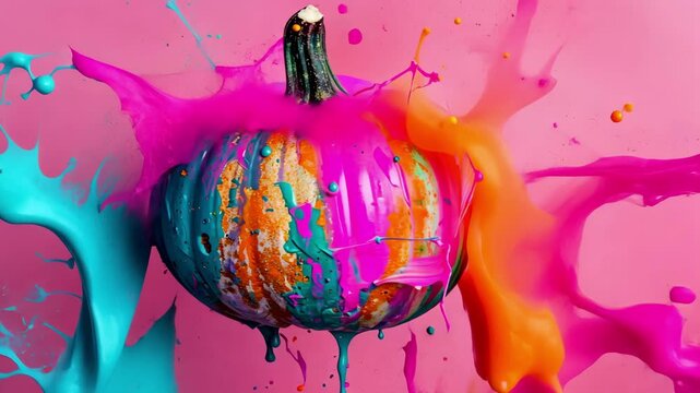 Vibrant painted pumpkin on pink background: color explosion art