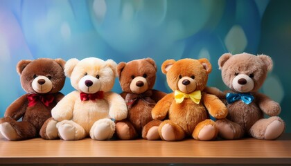 楽しい雰囲気の可愛いクマのぬいぐるみ達、大きな机の上でリラックス、カラフルな背景画像 Generated by AI