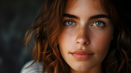 Fototapeta premium Striking Portrait of a Young Woman with Natural Beauty and Freckles