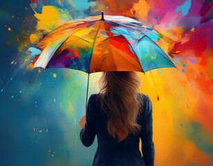woman holding an umbrella over her head isolated on an artistic colorful background