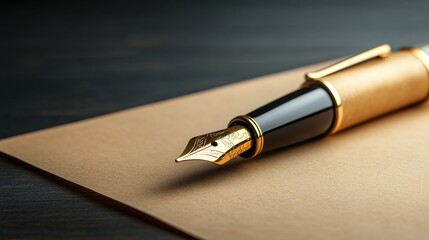 An elegant fountain pen with a gold trim and a fine nib rests poised over a piece of parchment paper, ready to capture thoughts and ideas. The pen symbolizes writing, creativity, and classic elegance.